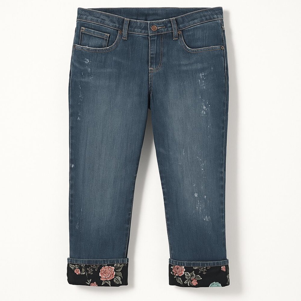 BlackJack Boyfriend Jeans Sz 30 Ankle Length Distressed Floral Cuff Denim